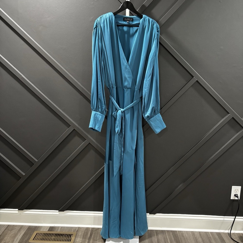 Eloquii Size 22 Teal Blue Satin Maxi Dress Long Sleeve Belted V Neck NWT